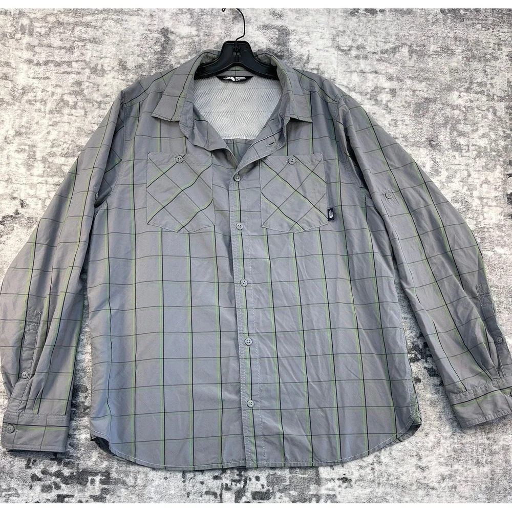 The North Face Mens‎ Plaid XL Long Sleeve Button Up Green Grey Hiking Outdoor